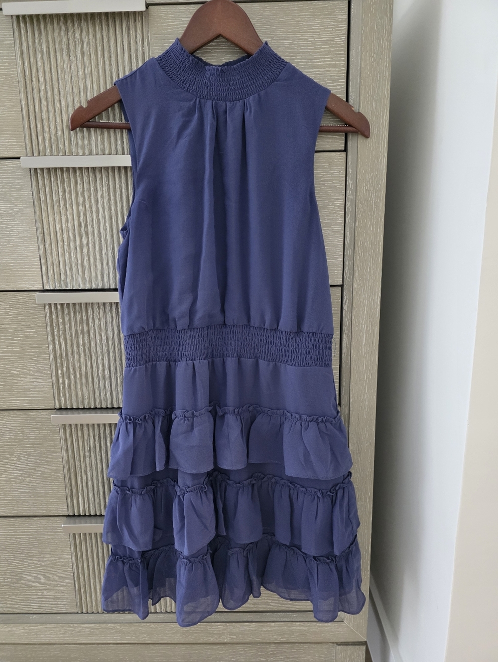 1.STATE Ruffle Midi Dress S – Sleeveless, Smocked Waist (Blue)